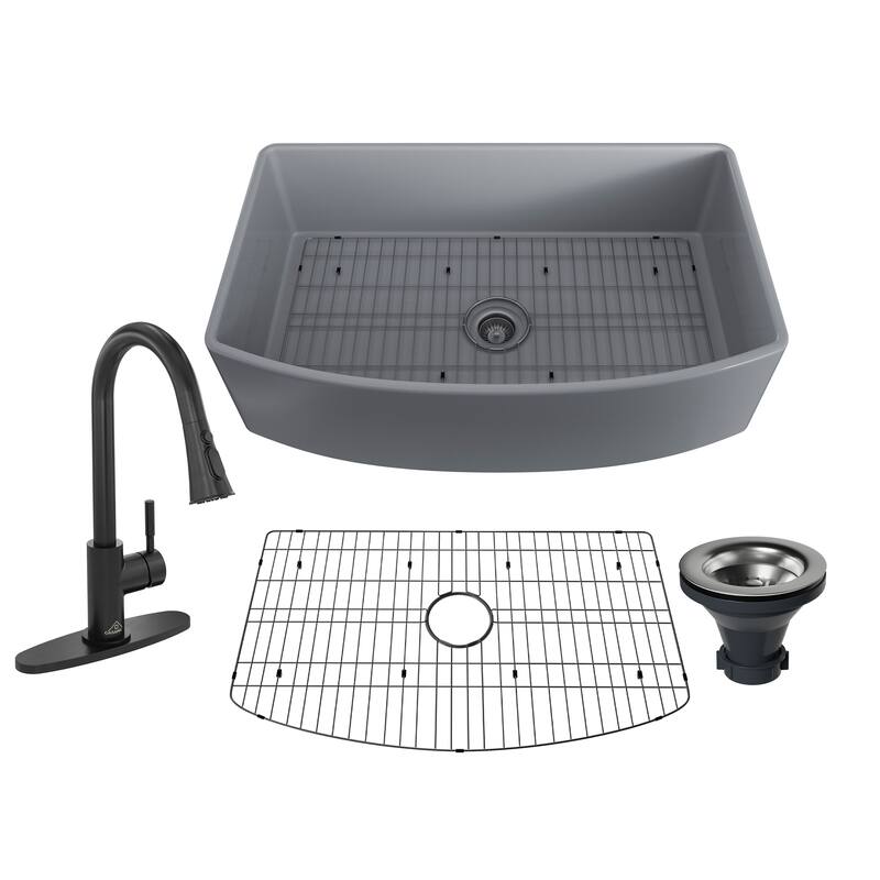 All-in-One Curved Design Single Bowl Farmhouse/Apron-Front Fireclay Kitchen Sink with Pull Down Kitchen Faucet and Accessories