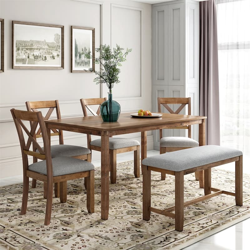 Merax Wooden 6-Piece Kitchen Dining Set with Bench and 4 Dining Chairs