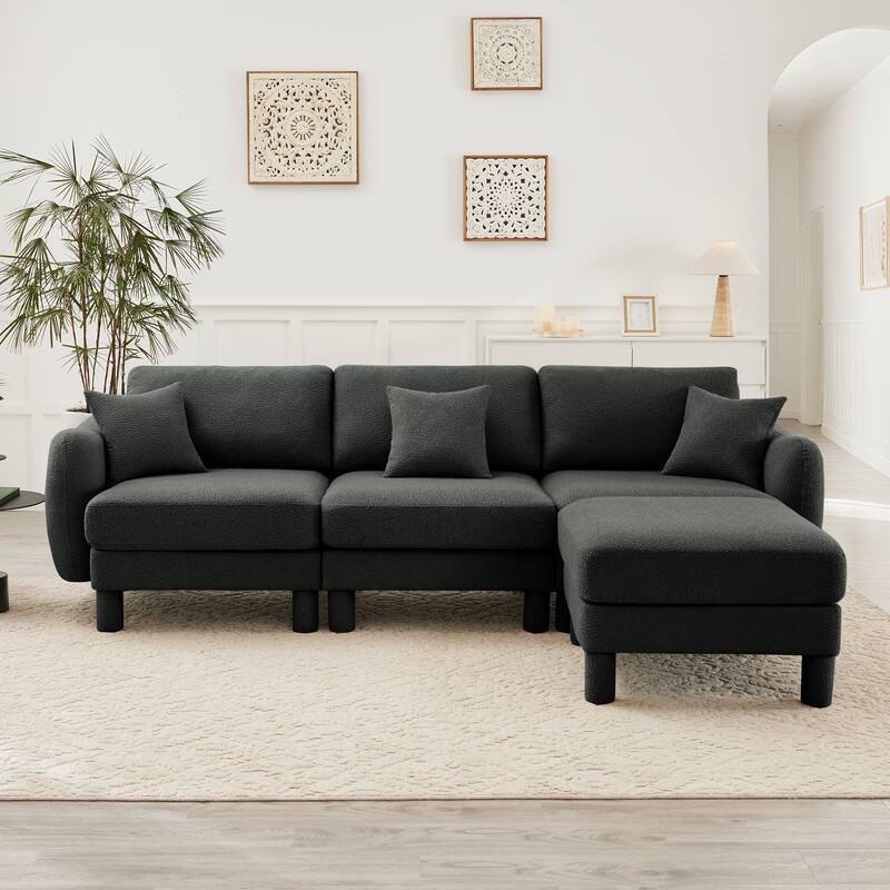 109.4" 3-Seater Modern Upholstered Sofa Couch, Deep-Seat Sectional Sofa with Shell-Shaped Armrests, Leisure Sofa for Living Room - Dark Grey- 3-Seater-1 Ottoman