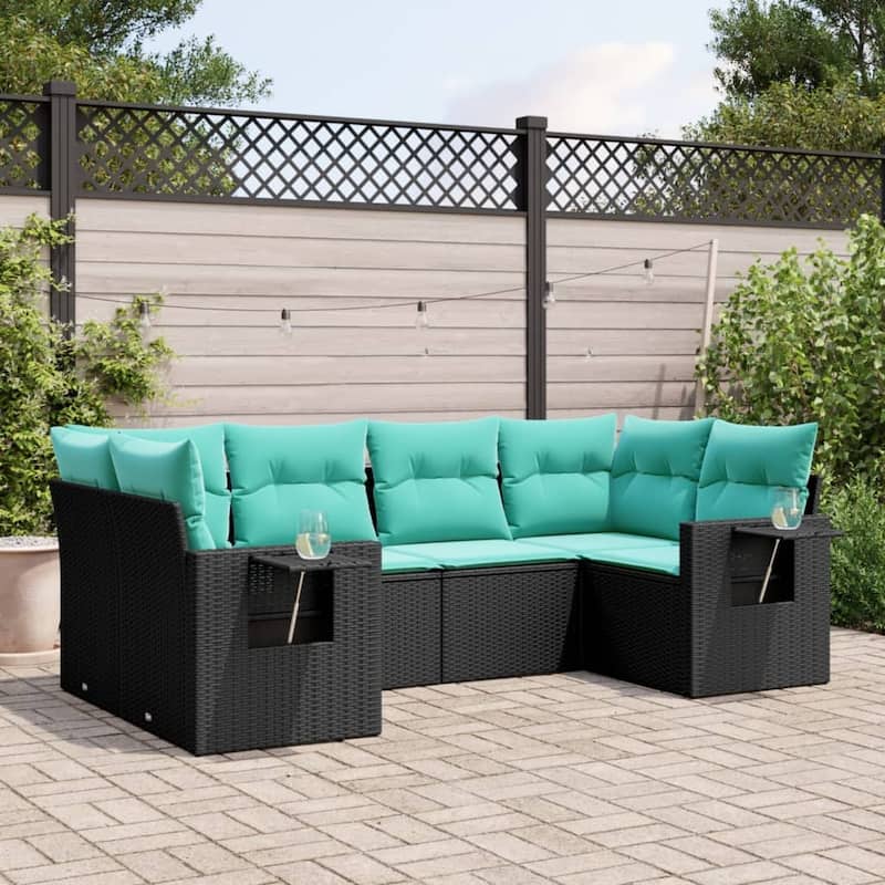 vidaXL 6 Piece Patio Sofa Set with Cushions Black Poly Rattan - 21.7x27.2x24.4