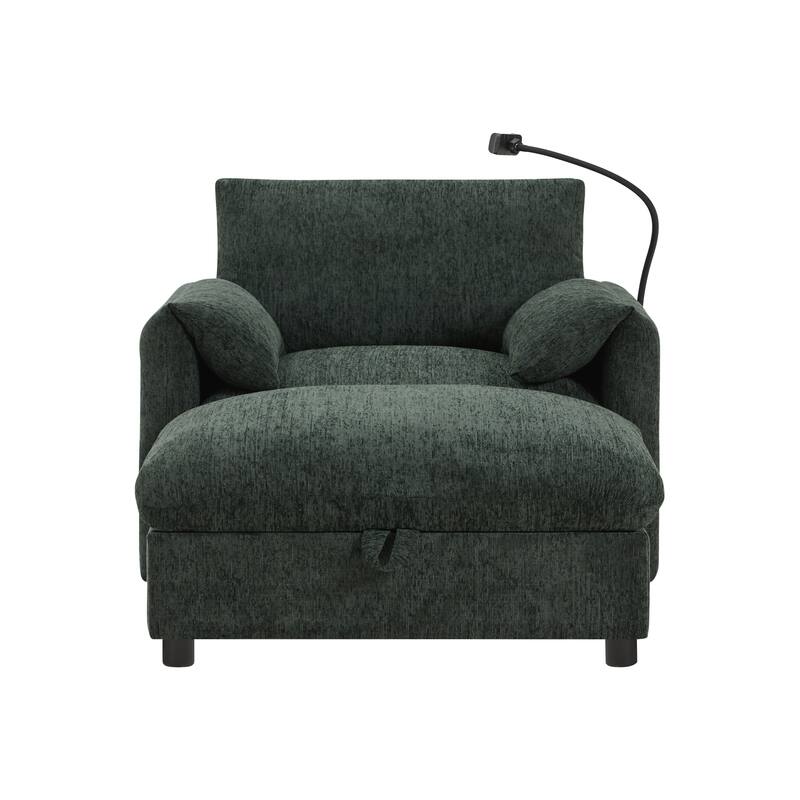 Single Sofa Chair and Storage Ottoman Sets, Chenille Accent Chair Wide Seat Chaise Lounge Couch with Phone Holder & USB Chargers