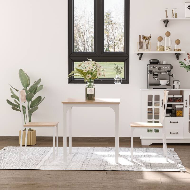 Wooden Square Dining Table Set with 1 Table and 2 Chairs and Sturdy Metal Frame