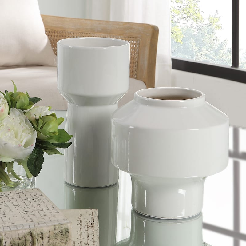 Abstract Style Glaze Finished Ceramic Vases - 10" - White - Set of 2