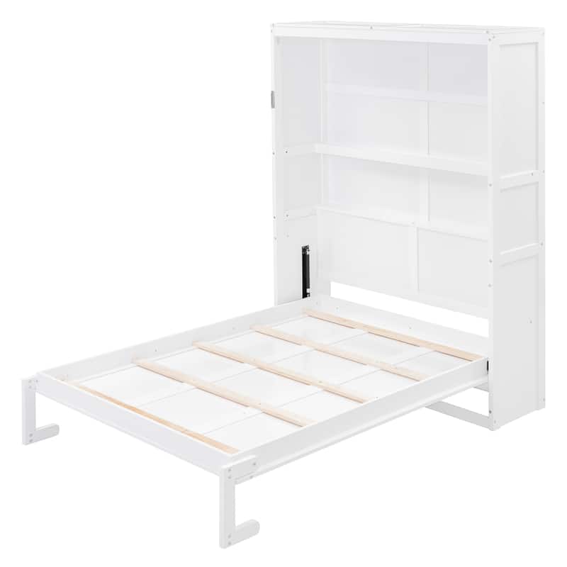 Roomfitters Full Size Murphy Bed with Shelves, Foldable Wall Bed with Storage Cabinet, White