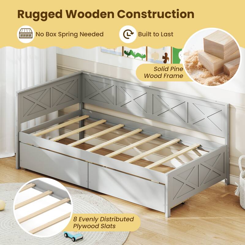 Twin Size Wooden Corner Sofa Daybed Frame with 2 Storage Drawers and Slats for Kids or Guest Bedroom