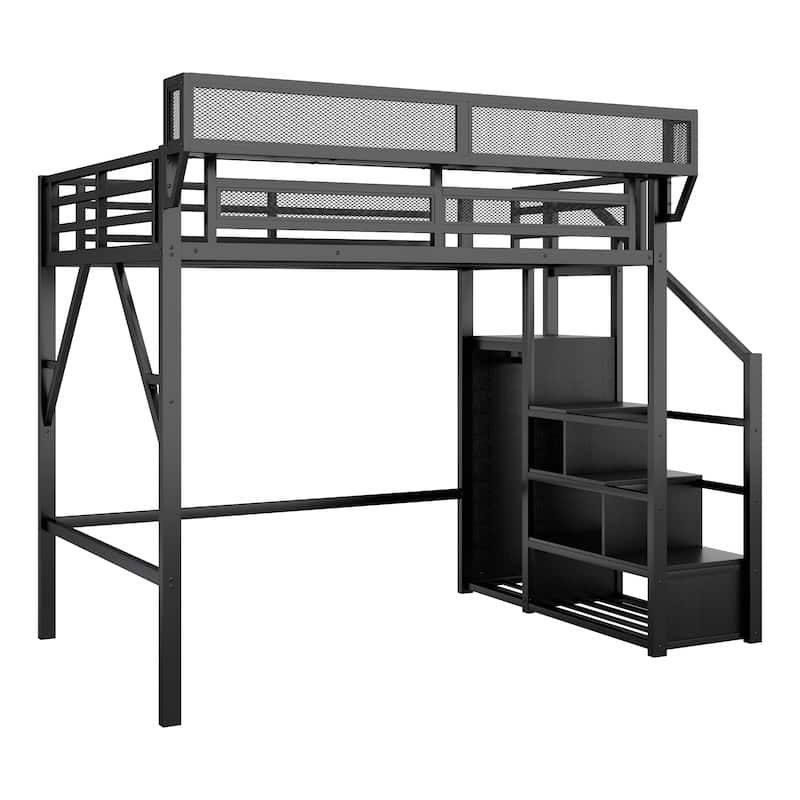Full Size Loft Bed with Stairs, Metal Full Loft Bed with Storage Shelves, High Loft Bed with Wardrobe for Kids Teens