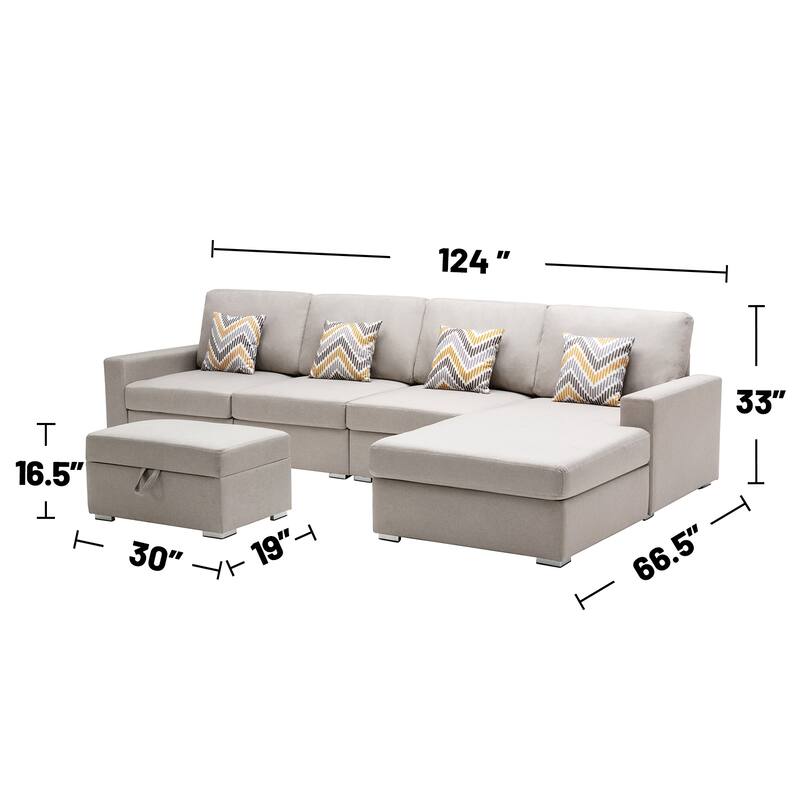 Linen Fabric 5 Piece Reversible Sofa Chaise with Interchangeable Legs, Storage Ottoman, and 4 Pillows in Beige