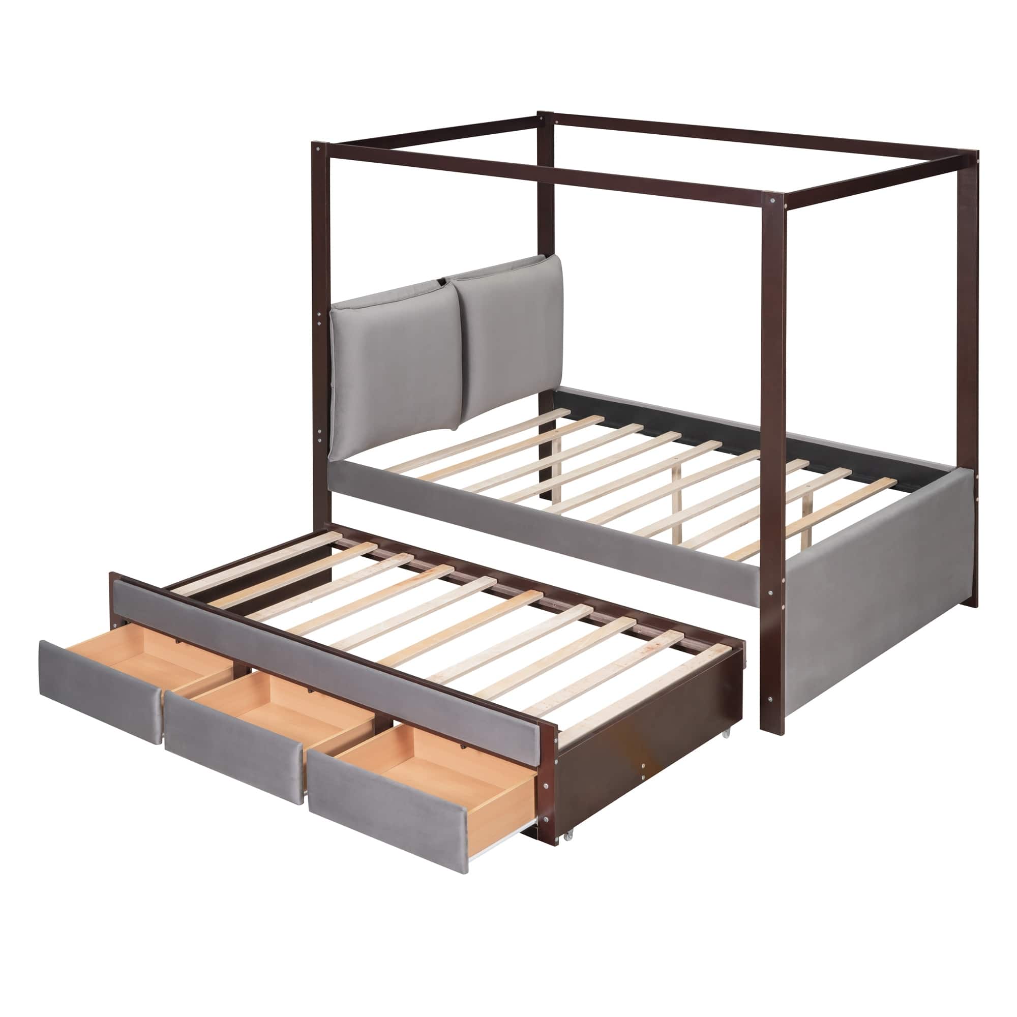 Full Gray Canopy Bed w/ Trundle and 3 Drawers Storage Bed, Bedroom Four