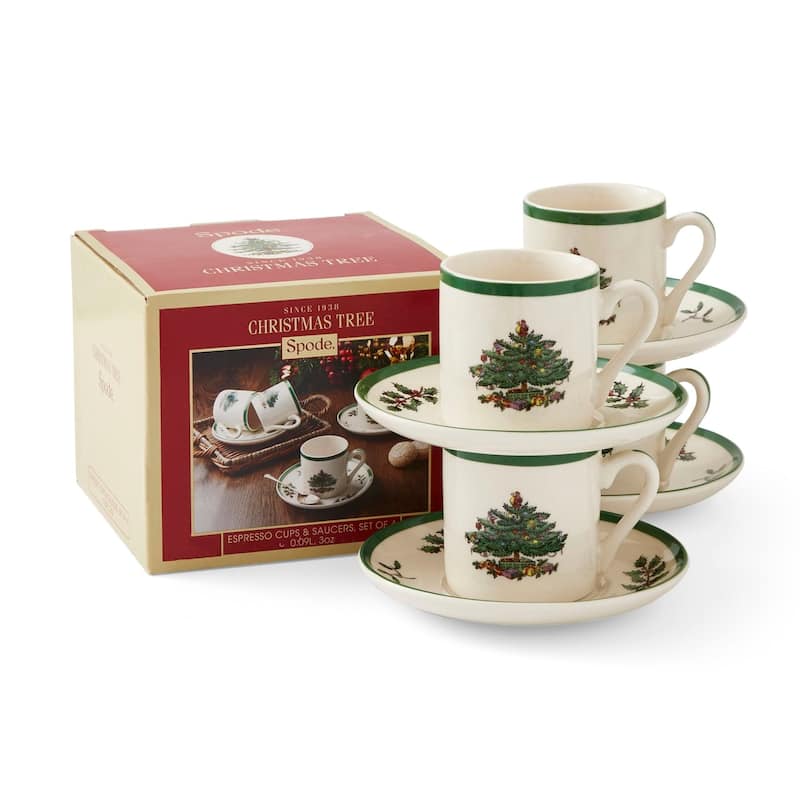 Spode Set of 4 Christmas Tree Espresso Cup and Saucer - 2.25" D x 2.25" H