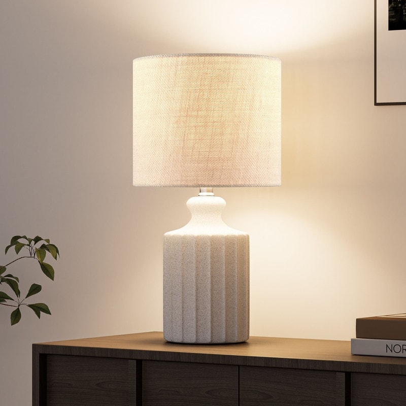 KAWOTI Modern White Ceramic Table Lamp with Linen Drum Shade - W9" x 17.5"