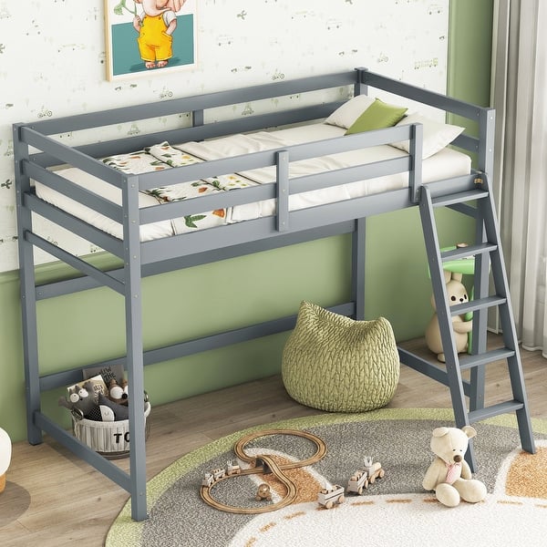 slide 2 of 22, Fun Design Pine Loft Bed with inclined Ladder, Guardrails and Under Bed Capacious Space, Twin Size Grey