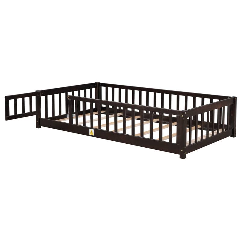 Floor Platform Bed with Fence Guardrails and Door