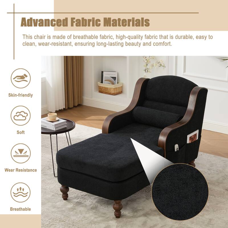 HOMEFUN Chenille Upholstered Wood Frame Oversized Chaise Lounge Single Sofa Bed with Side Pocket for Living Room,Bedroom