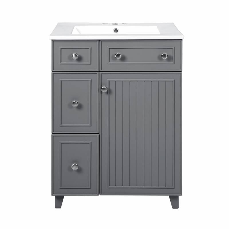 24-Inch Bathroom Vanity Cabinet with Ceramic Sink - 2 Drawers and 1 Door