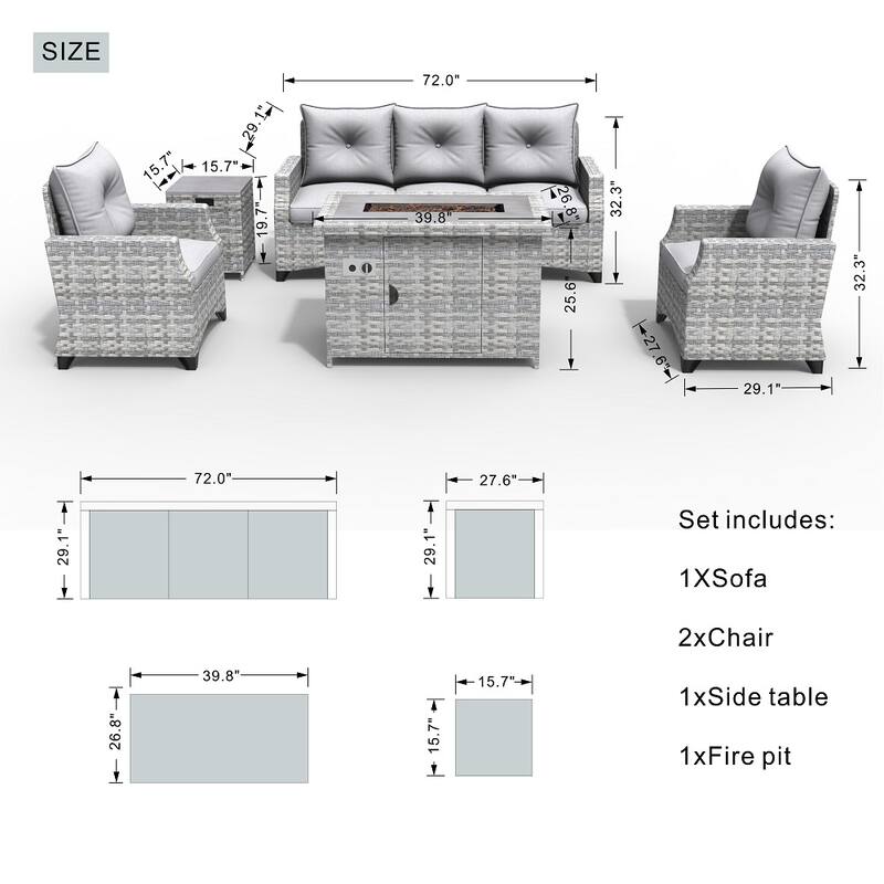 Abrihome 5-piece Wicker Patio Furniture Sofa Set with Gas Fire Pit