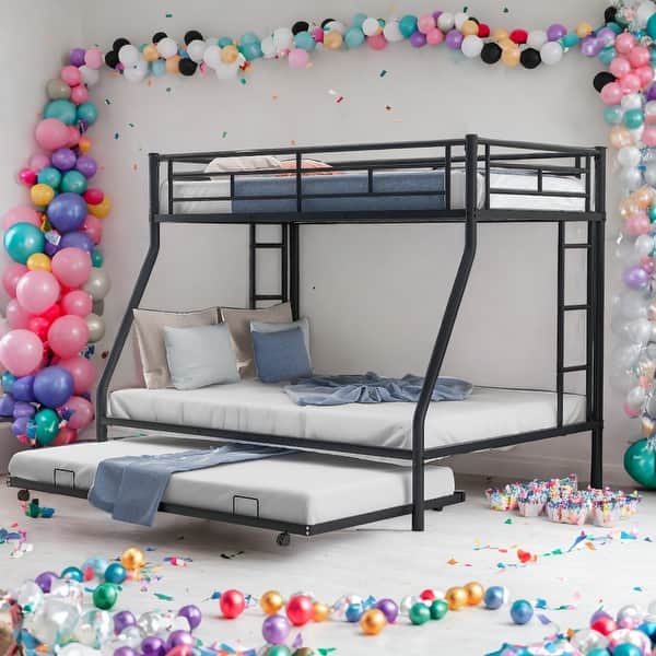 slide 2 of 27, Twin over Full Bed Bunk Bed with Twin Size Trundlle, Two-Side Ladders,Black