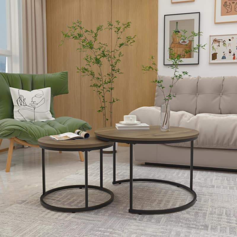 Modern Nesting Coffee Table Round Coffee Table Side Table, 2-Piece Set with Base, for Living Room, Brown