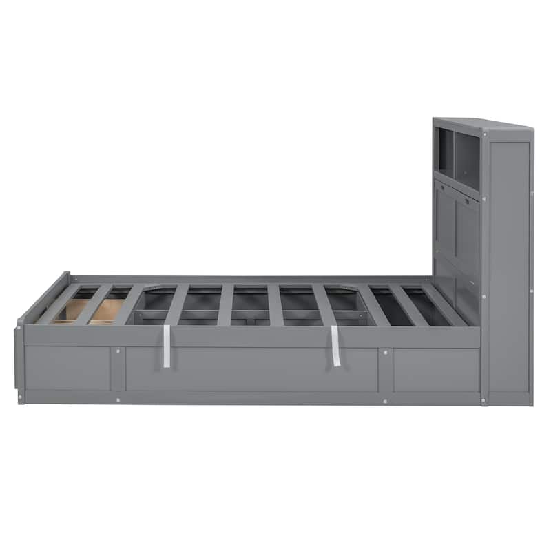 Gray Queen Size Wooden Bed with LED Headboard, Charging Station, 2 Drawers