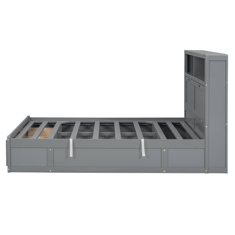 Queen Size Hydraulic Platform Bed with Storage, LED Headboard, Charging Station, and Drawers, Gray
