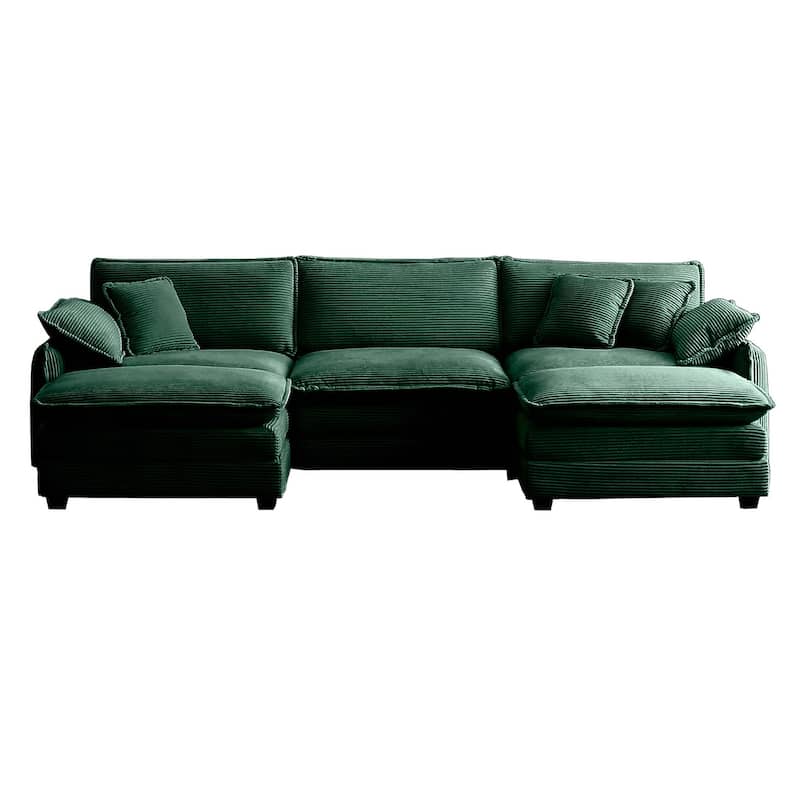 Green 5-piece Corduroy U-Shaped Modular Sectional Sofa with 2 Ottomans & 5 Pillows