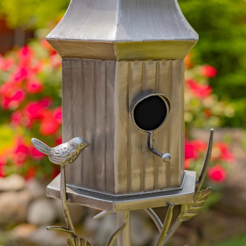64" Tall Iron Birdhouse Stake "Victoria" - 8.75" L x 8" W x 64" H