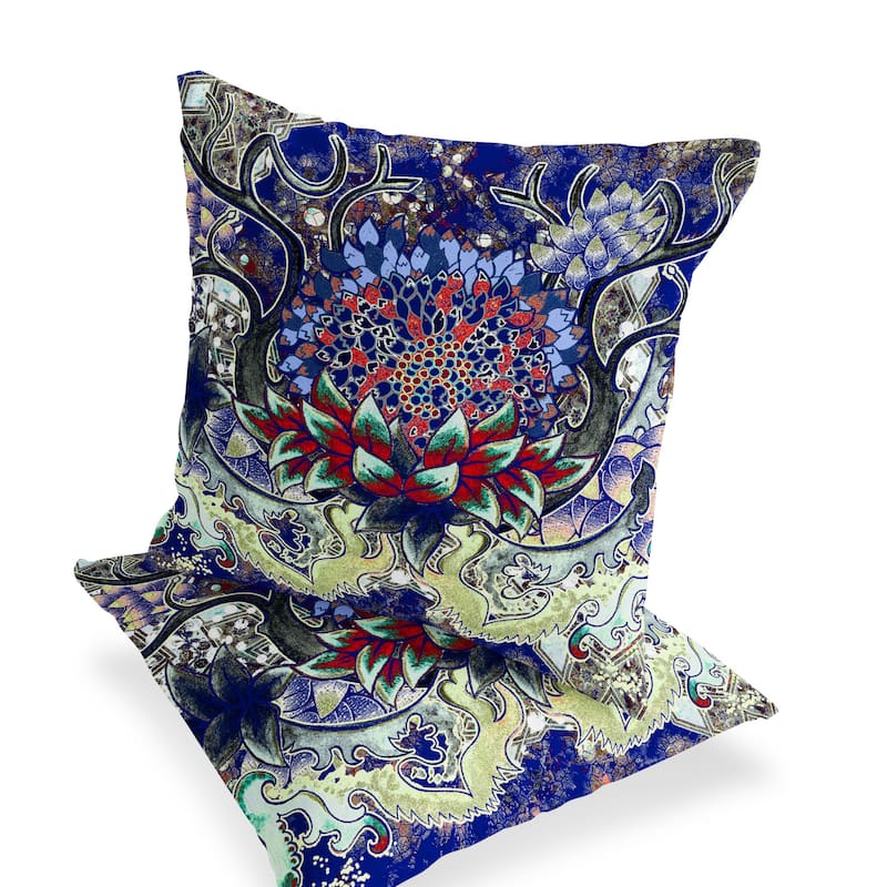 HomeRoots Set of Two 16" X 16" Blue and Green Blown Seam Floral Indoor Outdoor Throw Pillow - 16.00' X '16.00' X '5.00
