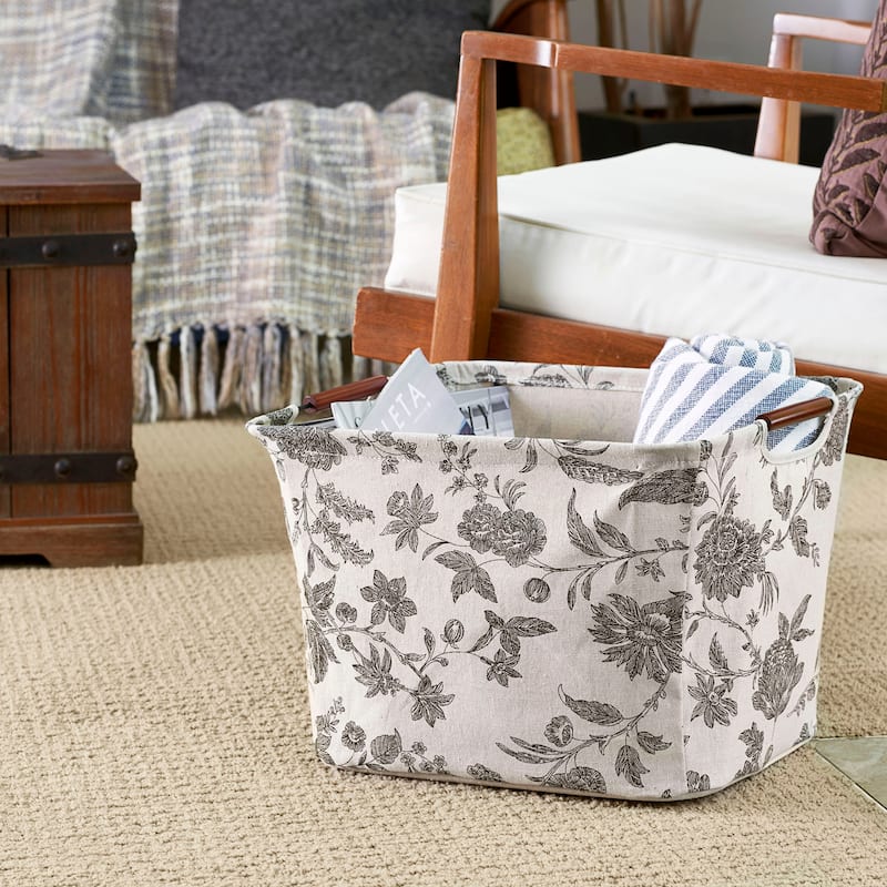 Household Essentials Storage Bin with Wood Handles, Floral - Medium