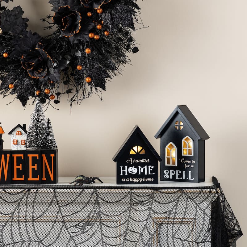 Glitzhome 8"H Set of 2 Lighted Halloween Wooden Hauted House Table Decor