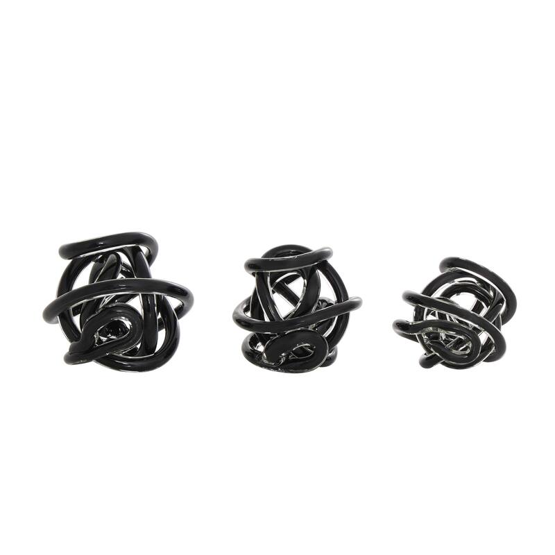 Glass Abstract Handmade Iridescent Knotted Ball Sculpture - Set of 3 Dark Gray, Black or Clear - Roche River Decor - Black