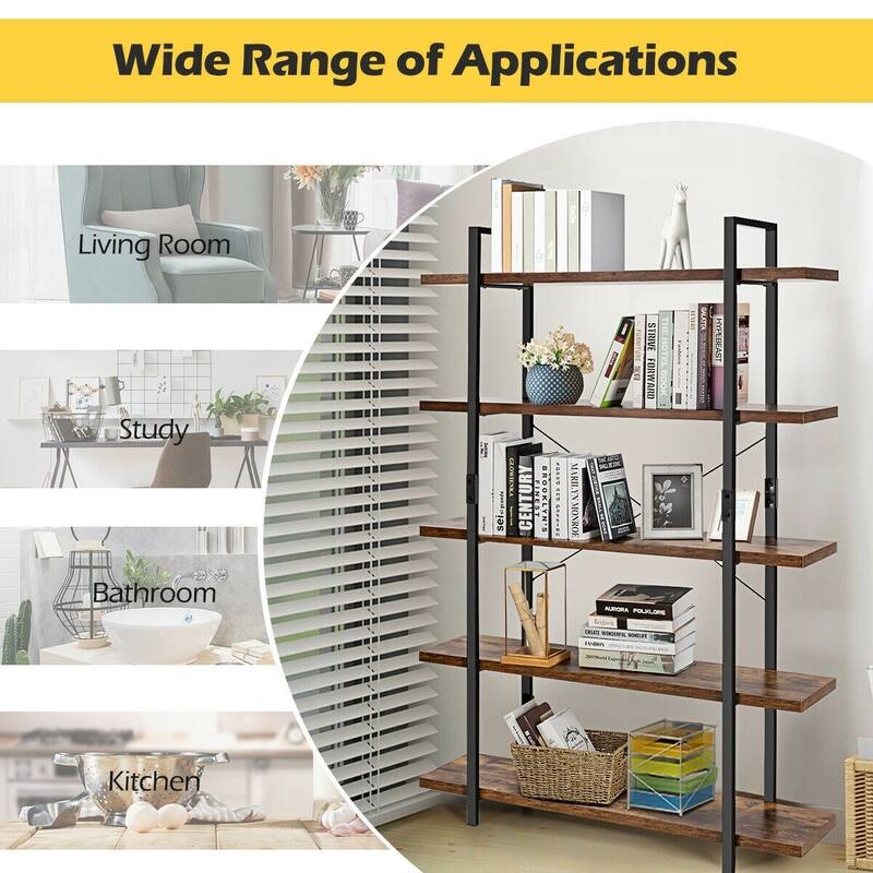 5-Tier Industrial Bookshelf Bookcase Open Storage Shelf Display Rack - 47" x 12.5" x 70" (L x W x H)
