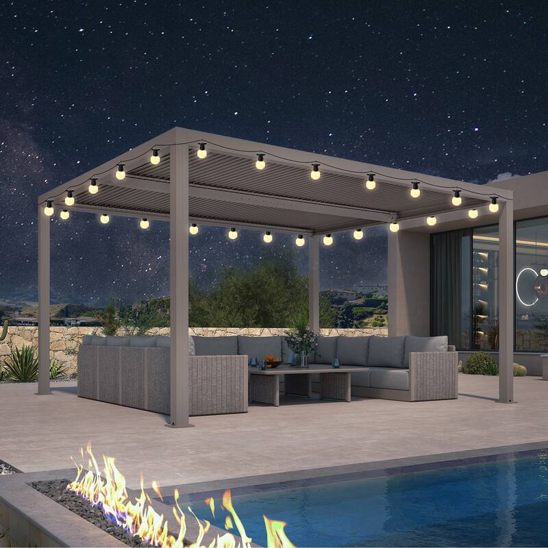 PURPLE LEAF Louvered Pergola with Solar Lights Hardtop Gazebo for Patio - 12' x 14' - Champagne