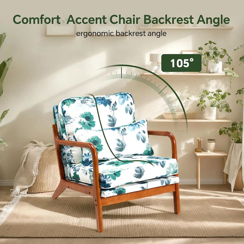 EROMMY Mid Century Modern Accent Chair - Floral Lounge Chair with Solid Rubber Wood Frame, 330lbs Capacity, Green