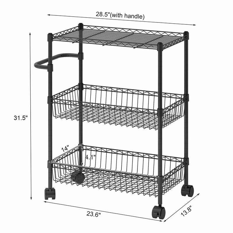 3 Tier Rolling Storage Cart, Adjustable Wire Storage Shelving Unit, Kitchen Organizer Cart Wire Rack On Wheels
