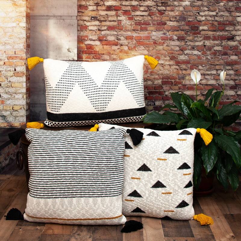 20" White and Black Knitted Striped Pattern Square Throw Pillow