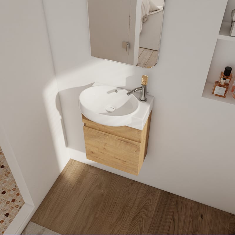 17 in.W Wall-Mounted Plywood Bathroom Vanity in Imitative Oak with Ceramic Sink