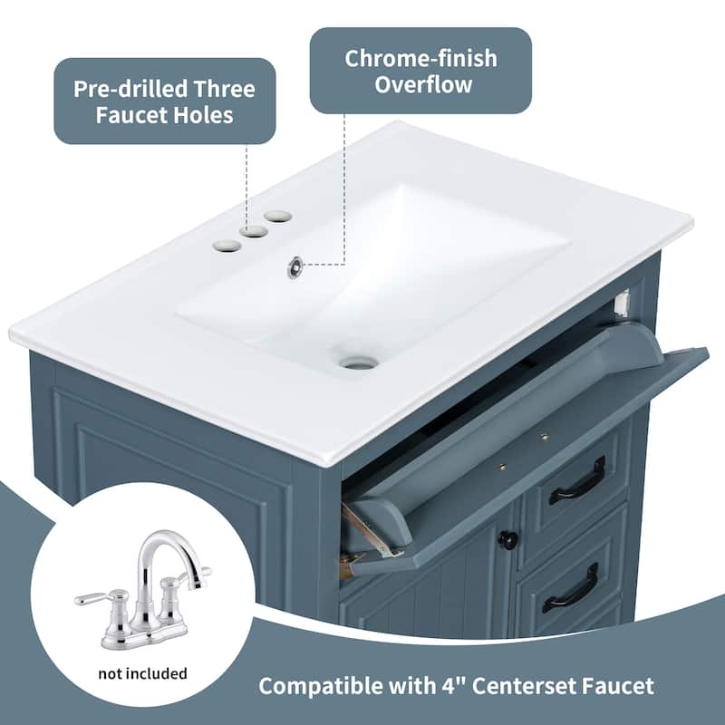 30 Inch Bathroom Vanity with Ceramic Sink Top, Flip Drawers, Freestanding Storage Cabinet (Faucet Not Included)