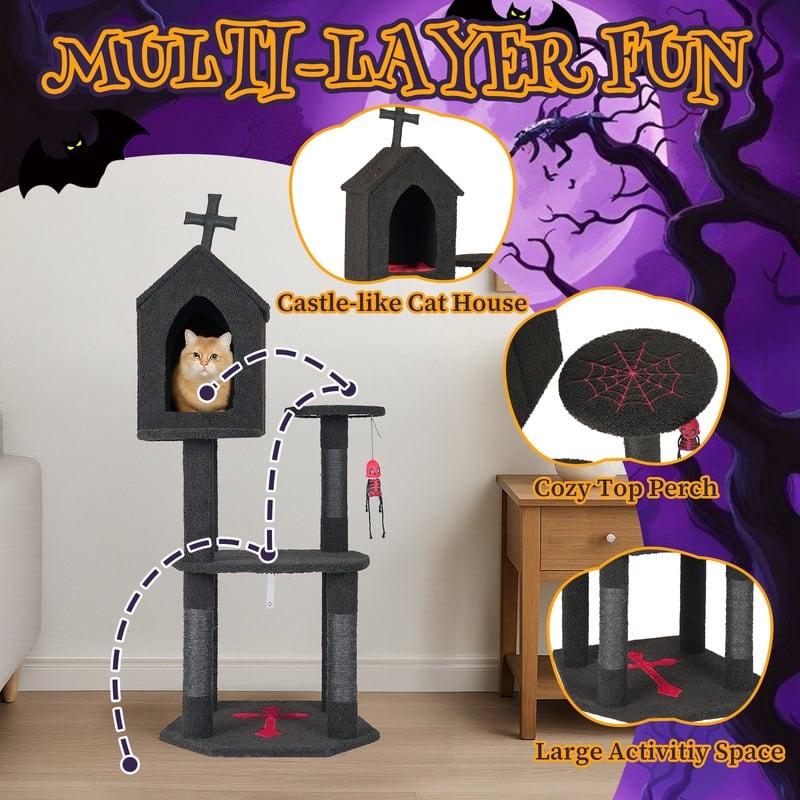 57" Cat Tower with Spacious Cat Condo Scratching Posts