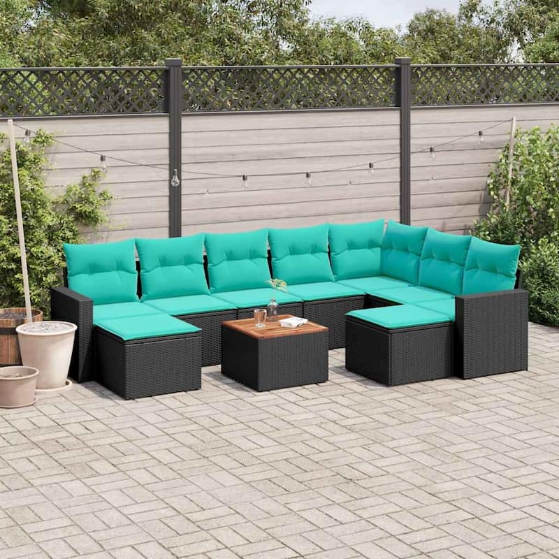 vidaXL 10 Piece Patio Sofa Set with Cushions Black Poly Rattan - 24.4x24.4x27.2
