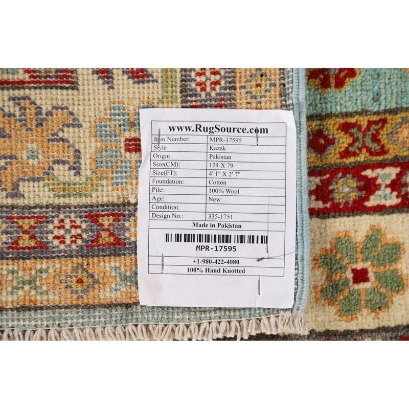 Turquoise Kazak Oriental Accent Rug Hand-Knotted Wool Carpet - 2'7" x 4'1"