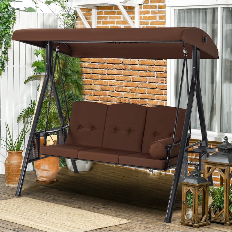 3-Seat Metal Patio Swing, Outdoor Porch Swing Glider with Cushions&Cup Holder