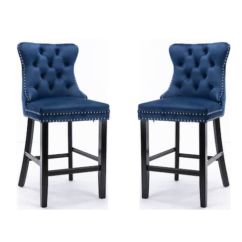 Velvet Upholstered Barstools Leisure Style Bar Chairs with Wood Legs, Nailhead Trim and Button Tufted Back (Set of 2 - N/A