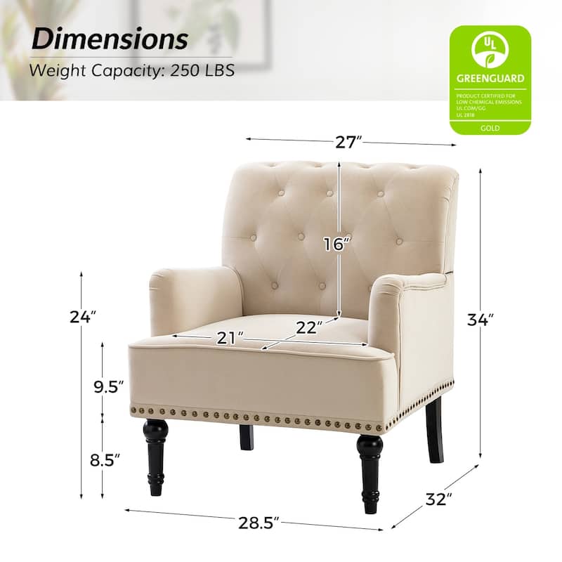 Geltrude Transitional Upholstered Button Tufted Club Chair with turned wooden Legs by HULALA HOME