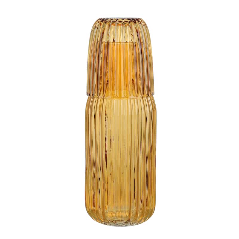 Elle Decor Ribbed Bedside Water Carafe with Tumbler Set - 39-Ounce - Amber