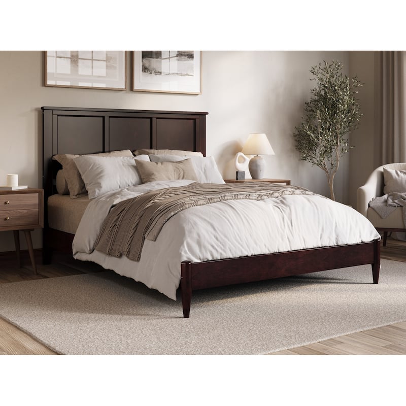 Rustic Platform Bed - Queen Size Wood Bed Frame, Low Profile, USB Charging, Modern Bedroom Furniture