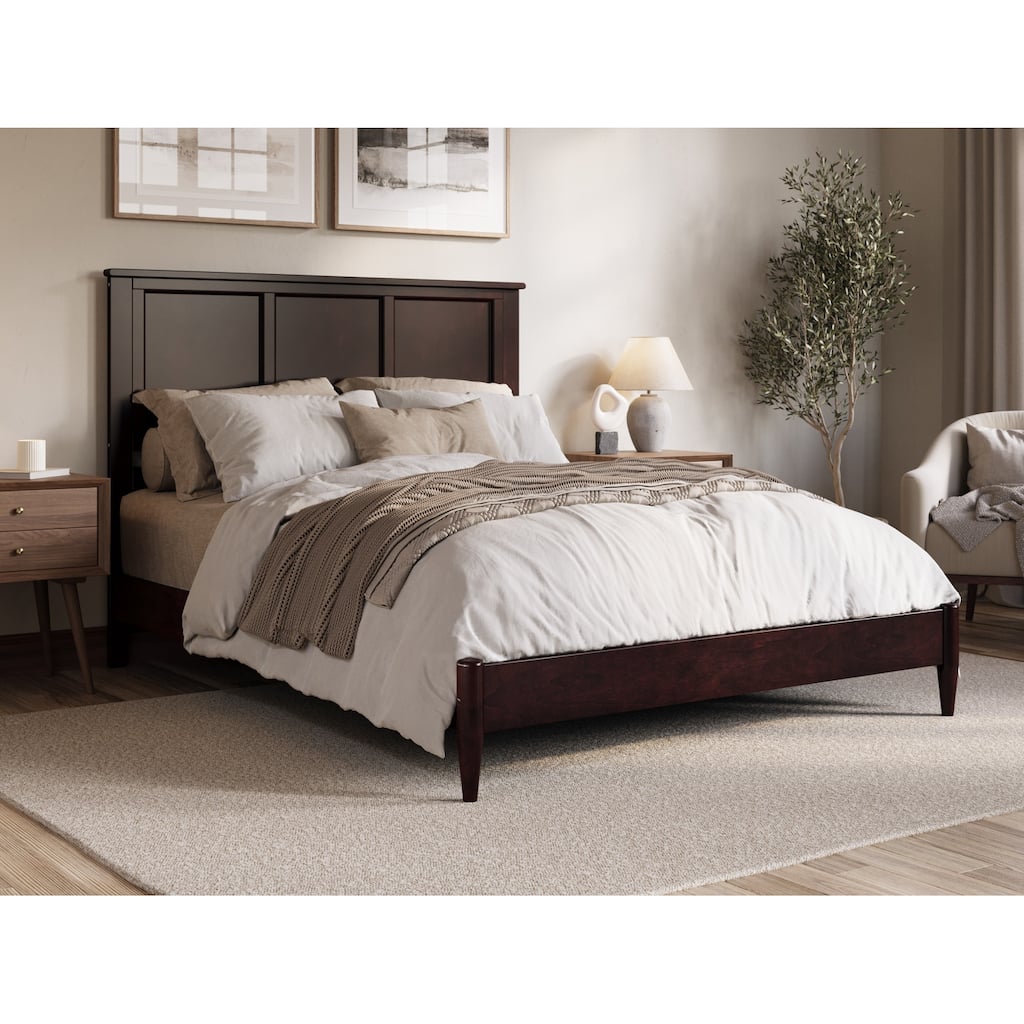 Rustic Platform Bed - Queen Size Wood Bed Frame, Low Profile, USB Charging, Modern Bedroom Furniture