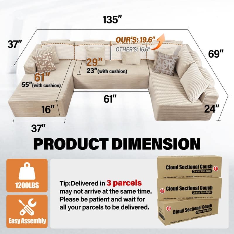WINSOON 135"x69" Plush Modular Sectional Sofa with Pillows