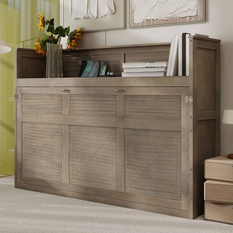 Farmhouse Style Twin XL Size Murphy Bed with Open Shelf, Folding Bed Frame with LED Light and Charging Station - Grey Wash