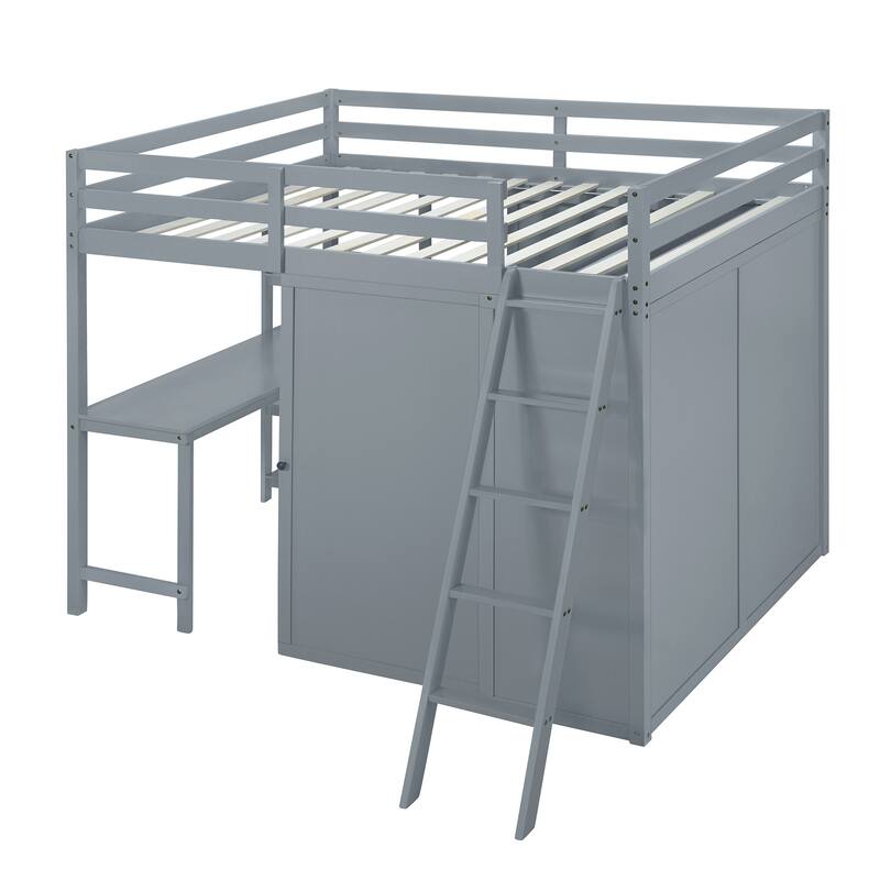 Full Pine Loft Bed with Wardrobe, Desk, Shelves, and Guardrail