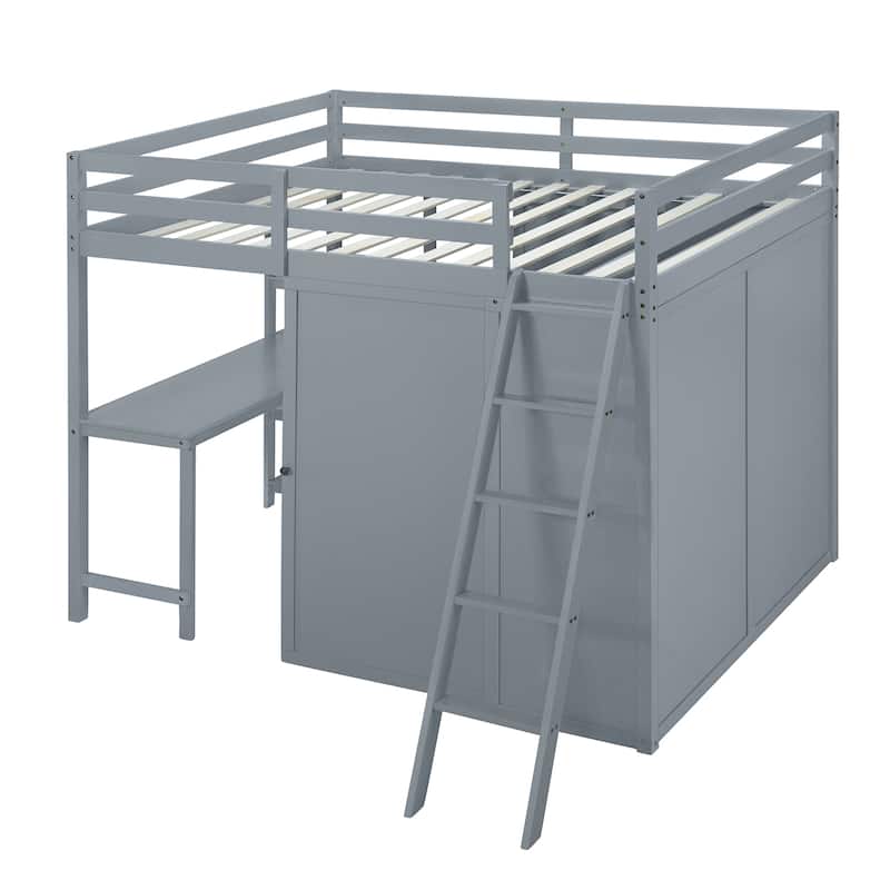 Full Size Loft Bed with Wardrobe, Desk, and Shelves - Space-Saving Design