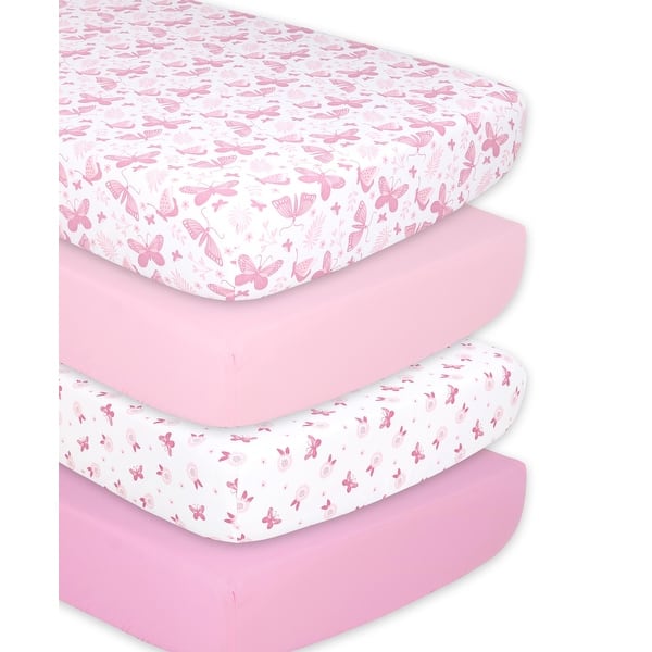 slide 2 of 5, The Peanutshell Pink Butterfly Fitted Crib Sheet 4 Pack Set